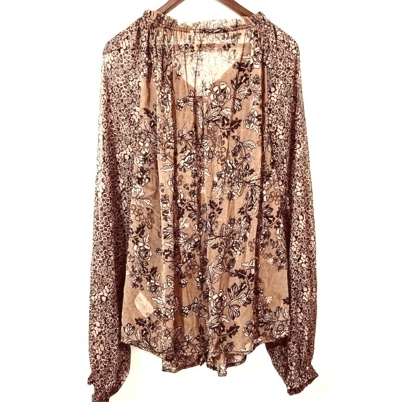 FREE PEOPLE Boho Sheer Chiffon Floral Blouse Brown/Black - Picture 6 of 8